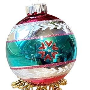 3" Radko Shiny Brite Glitter Flower Heart Ornament Ball Red Pink Teal Silver Mcm